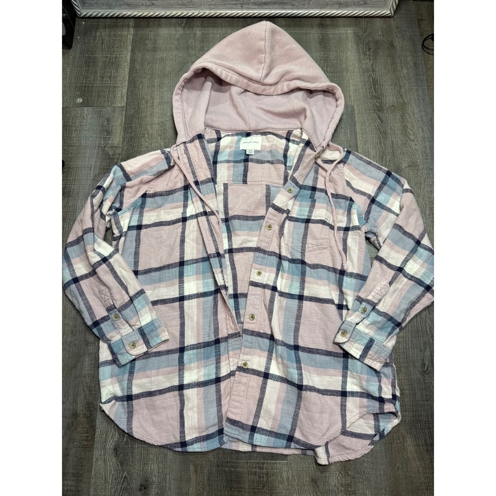 American Eagle Women Pink Plaid Hooded Flannel Shirt Button Up Medium